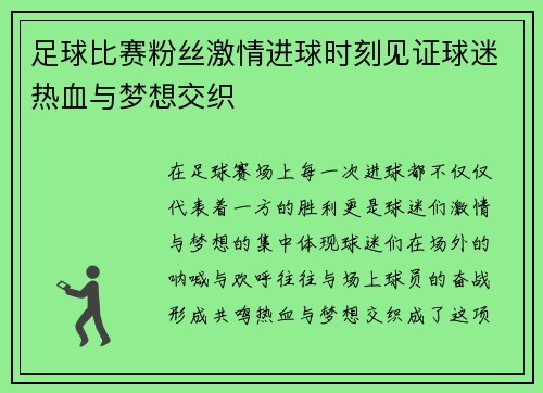 足球比赛粉丝激情进球时刻见证球迷热血与梦想交织