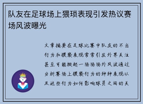 队友在足球场上猥琐表现引发热议赛场风波曝光