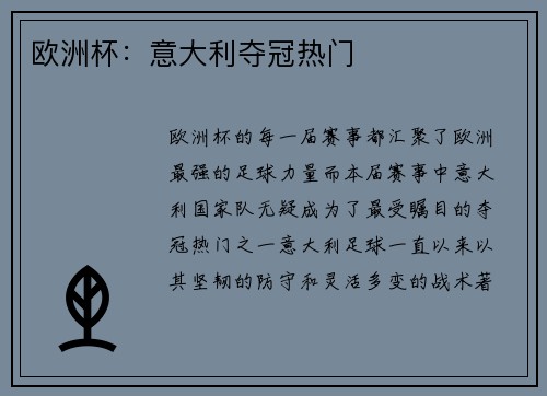 欧洲杯：意大利夺冠热门