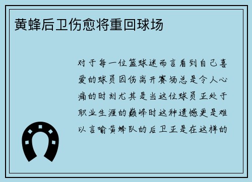 黄蜂后卫伤愈将重回球场