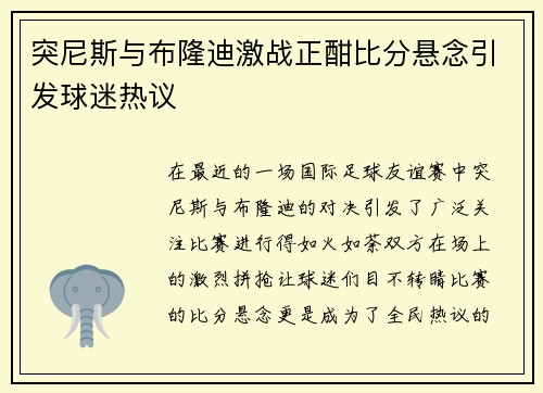 突尼斯与布隆迪激战正酣比分悬念引发球迷热议