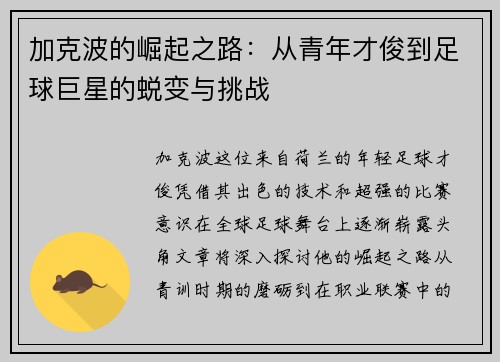 加克波的崛起之路：从青年才俊到足球巨星的蜕变与挑战
