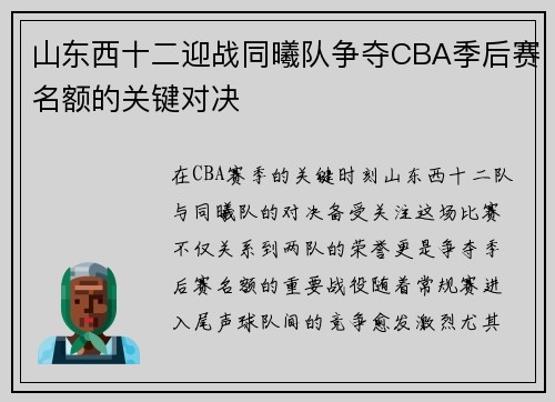 山东西十二迎战同曦队争夺CBA季后赛名额的关键对决