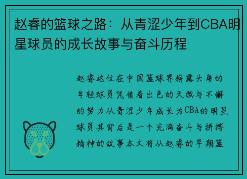 赵睿的篮球之路：从青涩少年到CBA明星球员的成长故事与奋斗历程
