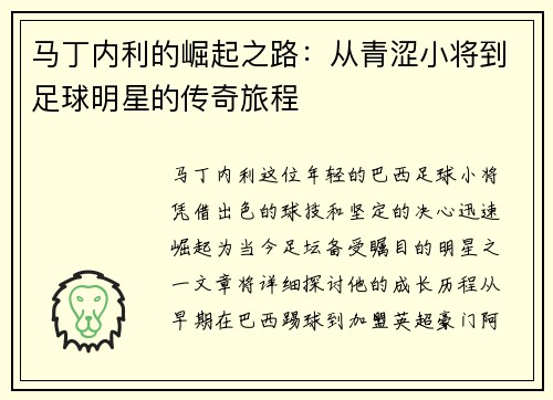 马丁内利的崛起之路：从青涩小将到足球明星的传奇旅程
