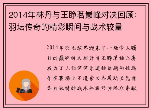 2014年林丹与王睁茗巅峰对决回顾：羽坛传奇的精彩瞬间与战术较量