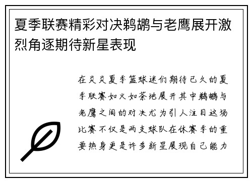 夏季联赛精彩对决鹈鹕与老鹰展开激烈角逐期待新星表现