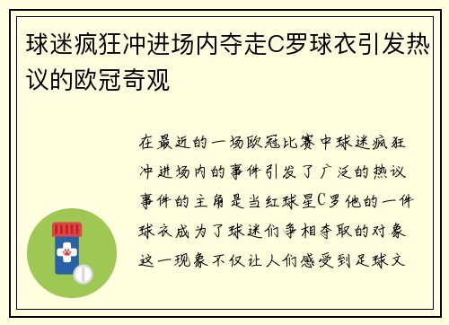 球迷疯狂冲进场内夺走C罗球衣引发热议的欧冠奇观