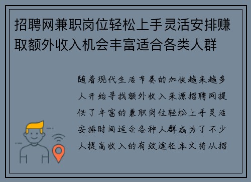 招聘网兼职岗位轻松上手灵活安排赚取额外收入机会丰富适合各类人群