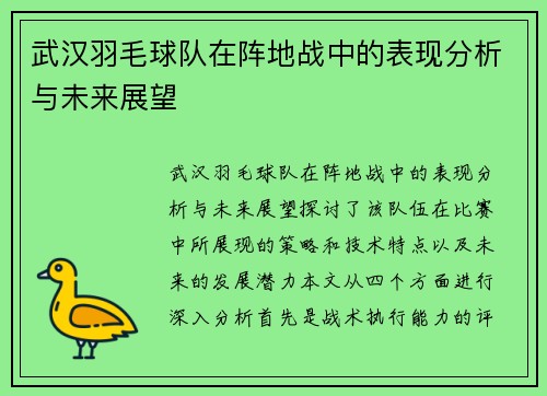 武汉羽毛球队在阵地战中的表现分析与未来展望